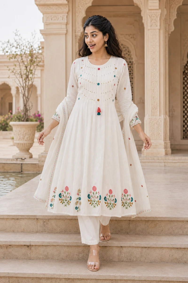 Nayra White Beeds Work 3 Piece Chudithar Set