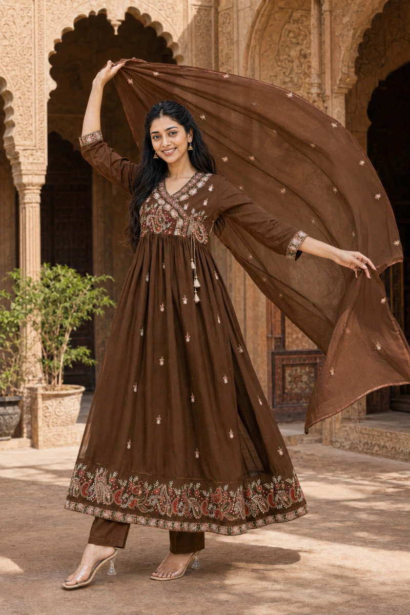 Brown 3 Piece Chudithar Set