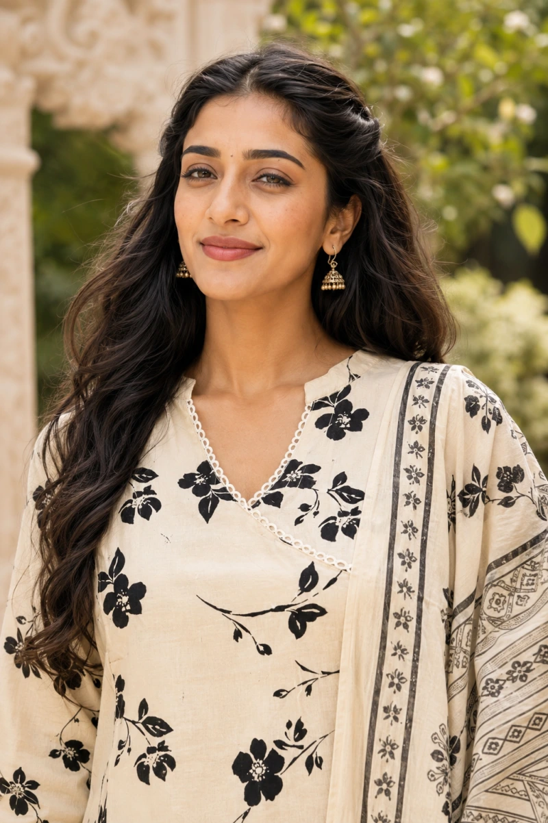 Noor White Printed 3 Piece Chudithar Set