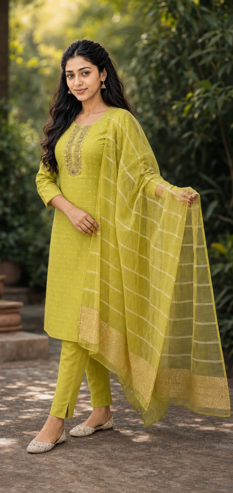 Aabha Green, Onion Mirror Work 3 Piece Chudithar Set