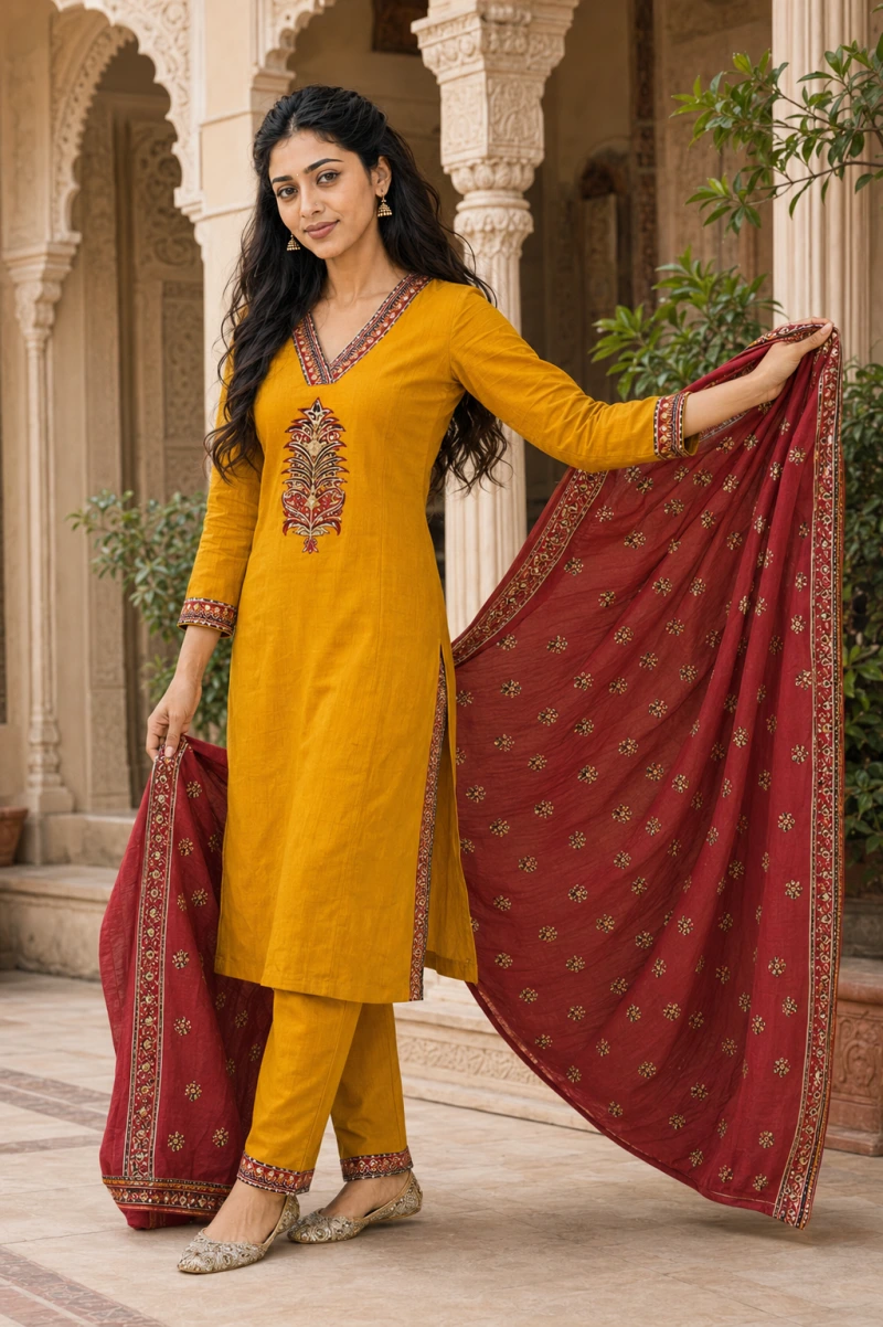 Mahira Mustard Lase Work 3 Piece Chudithar Set