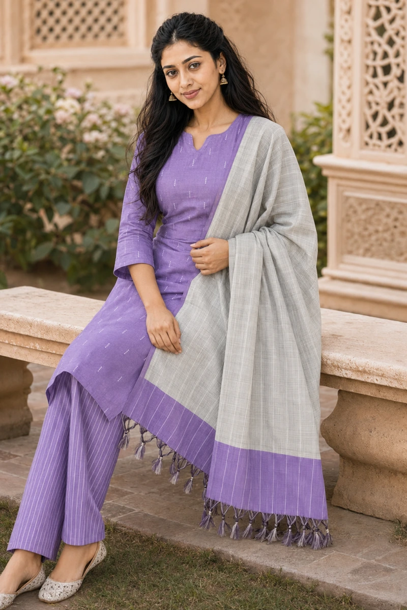 Noor Lavender Solid Print 3 Piece Chudithar Set