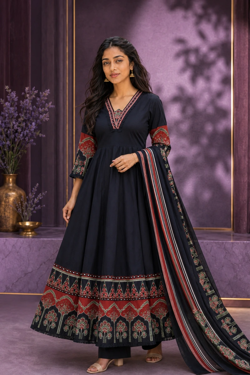 Elina Black Printed 3 Piece Chudithar Set