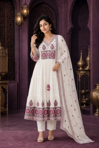 ZHURI White 3 Piece Chudithar Set