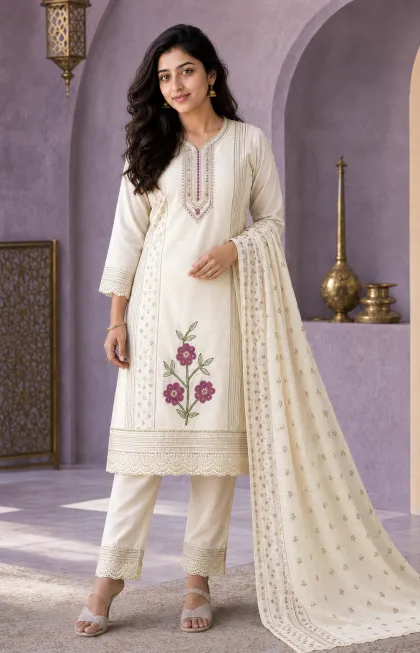 ZHURI White 3 Piece Chudithar Set