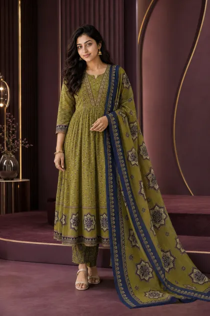 Noor Olive Green Printed Chudithar Sets