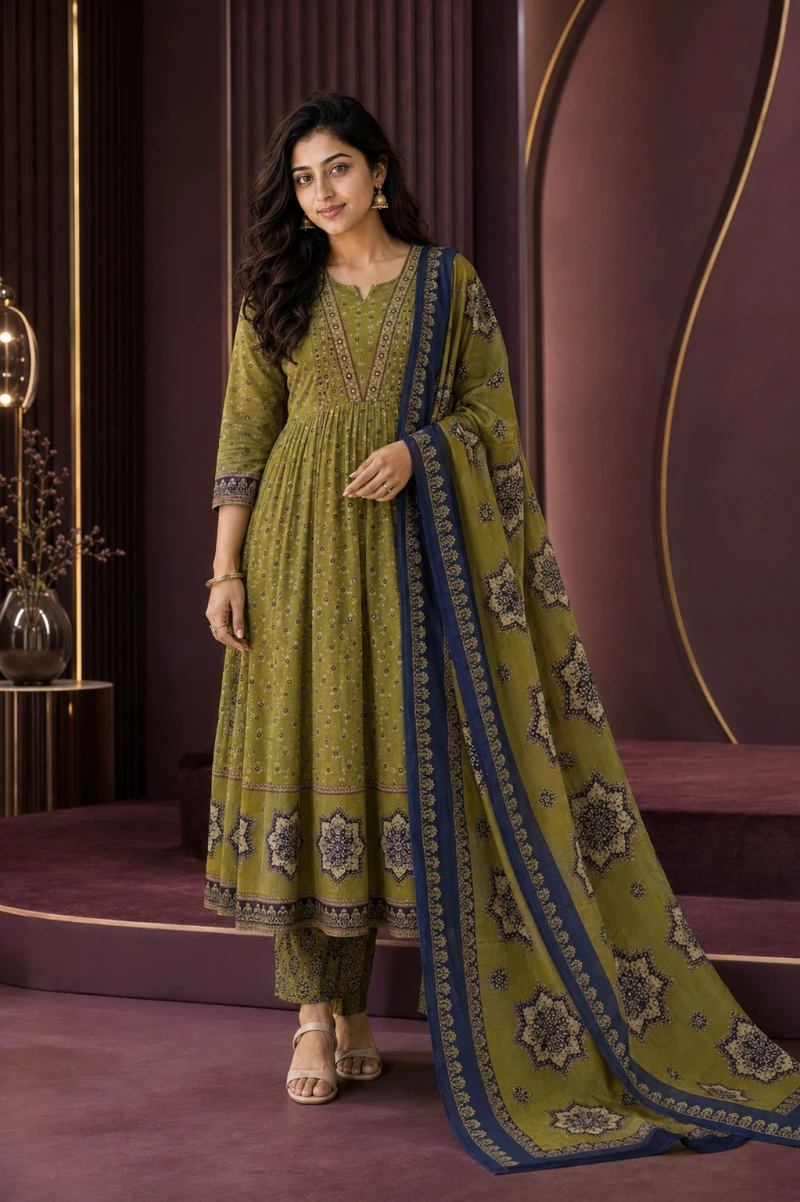 Noor Olive Green Printed Chudithar Sets