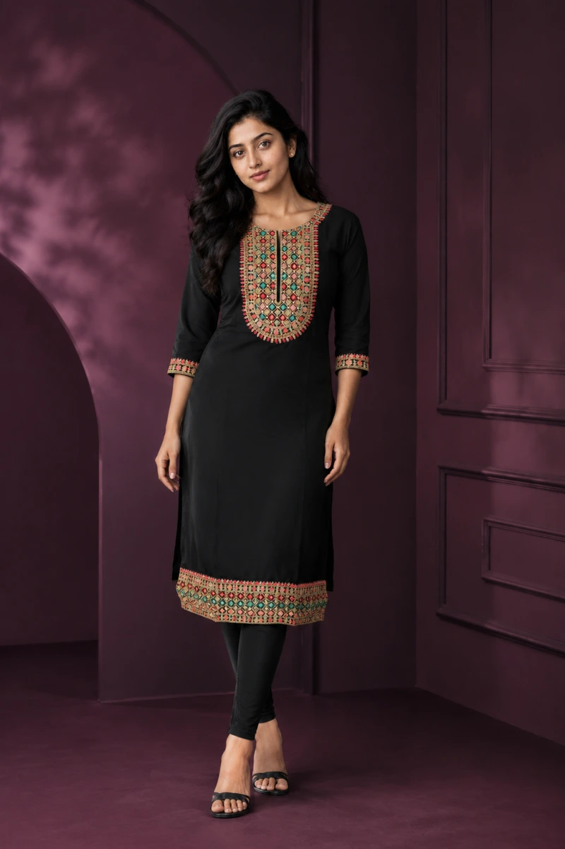 Elina Black, White Embroidery Work Kurti