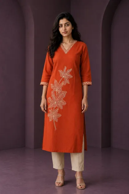 Mahira Orange Tread Work Kurti