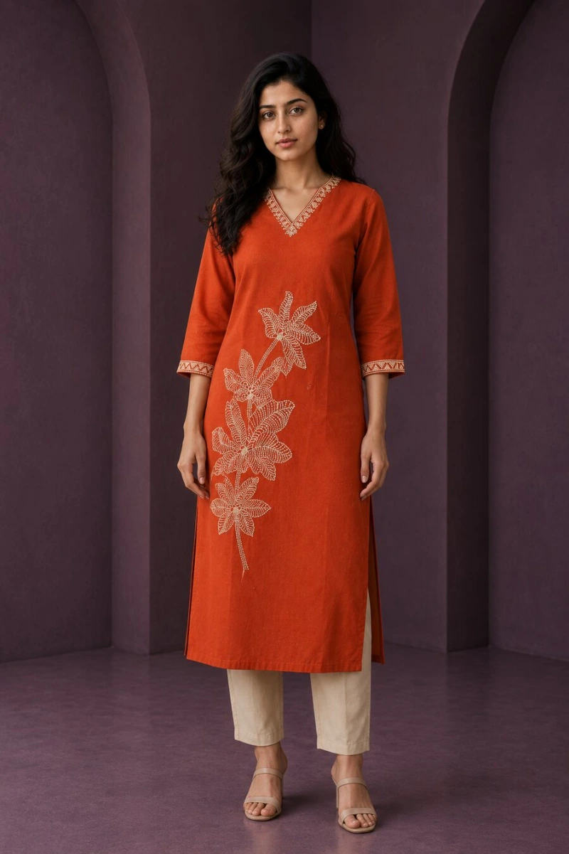 Mahira Orange Tread Work Kurti
