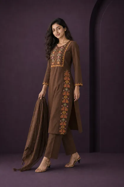 Elina Brown Embroidery Work 3 Piece Chudithar Set