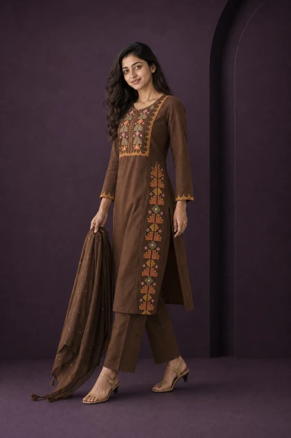 Ishira Brown Embroidered Chudithar Set