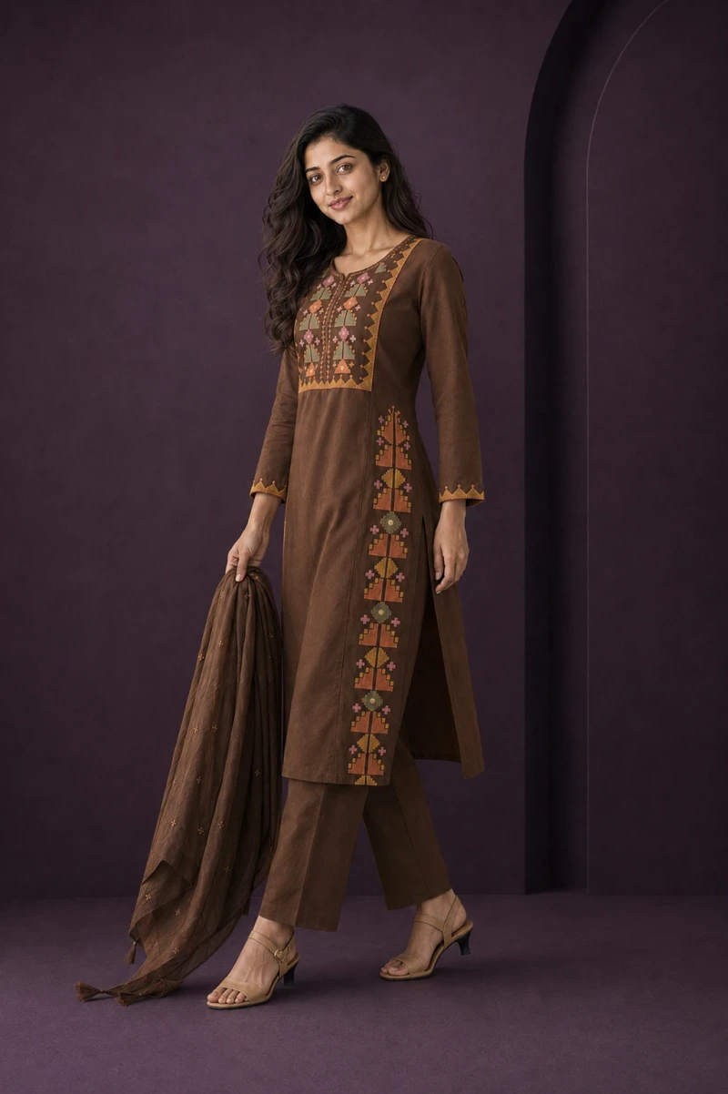 Ishira Brown Embroidered Chudithar Set