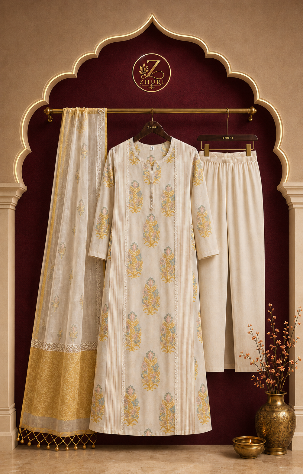ZHURI Cream With Musturd 3 Piece Chudithar Set