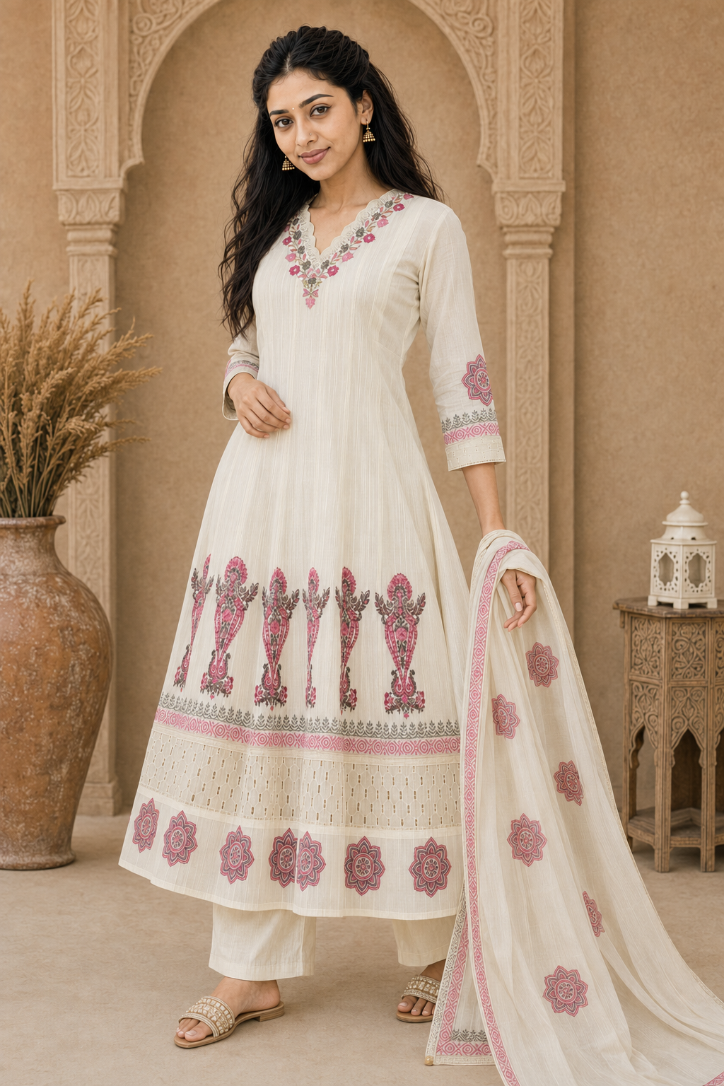 ZHURI White 3 Piece Chudithar Set