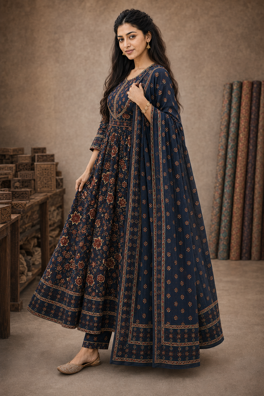 ZHURI Navy Blue 3 Piece Chudithar Set