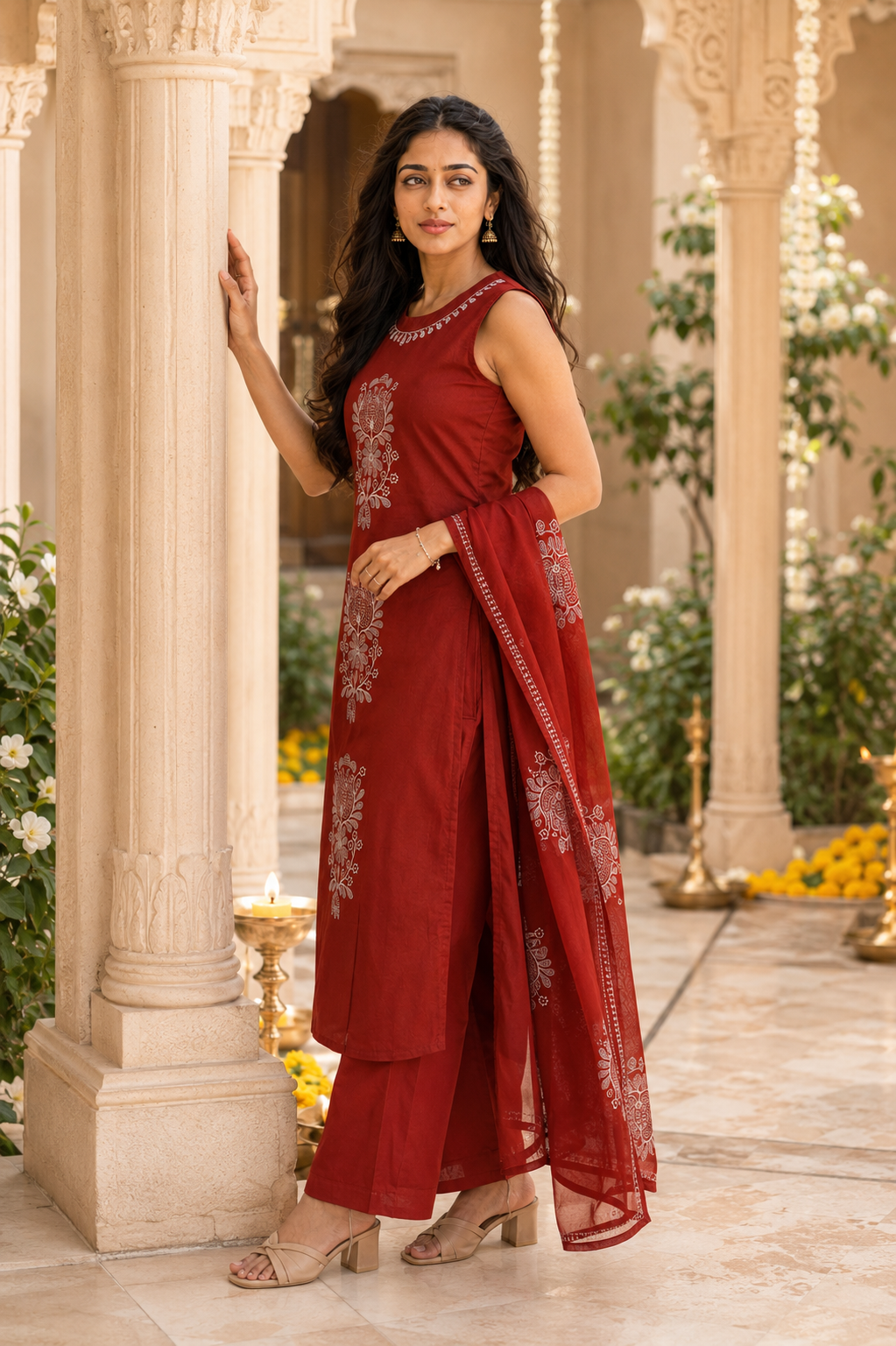ZHURI Red 3 Piece Chudithar Set