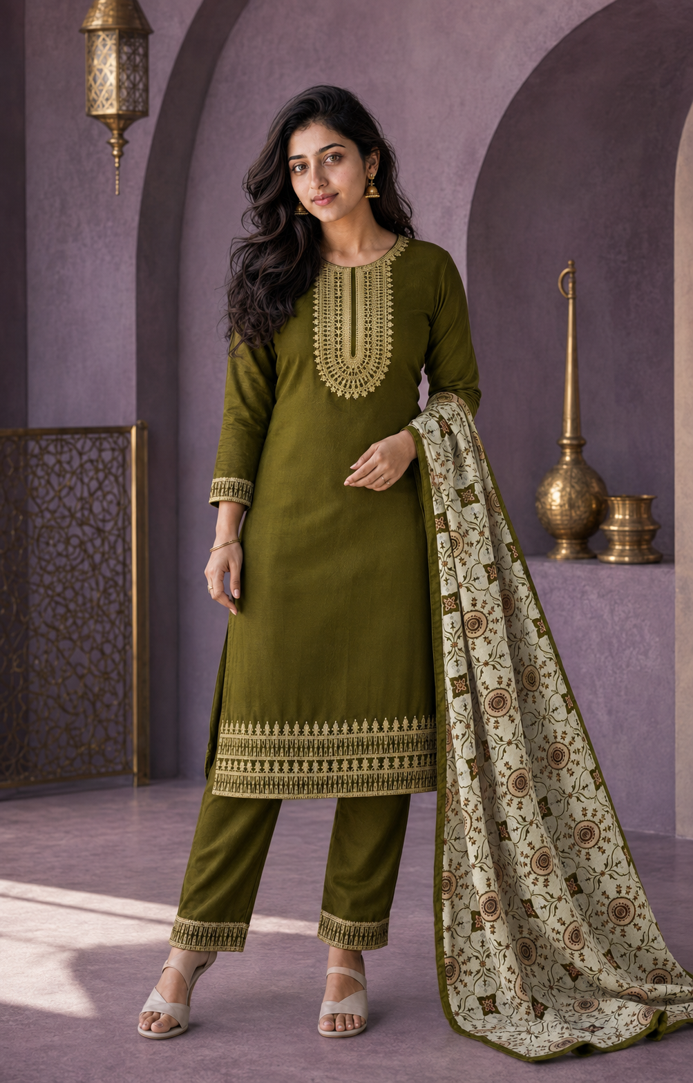 ZHURI Olive 3 Piece Chudithar Set