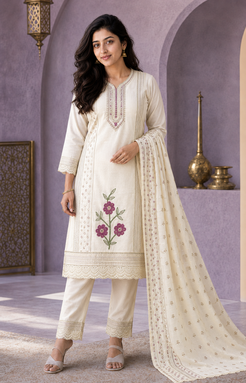 ZHURI White 3 Piece Chudithar Set