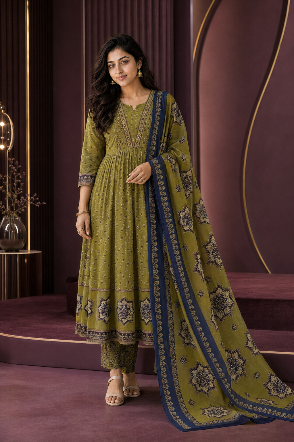 ZHURI Olive Green 3 Piece Chudithar Set