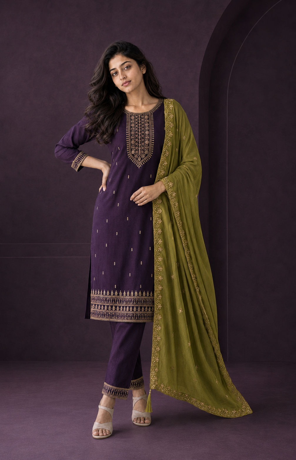 Aira Plum Lace Work 3 Piece Chudithar Set