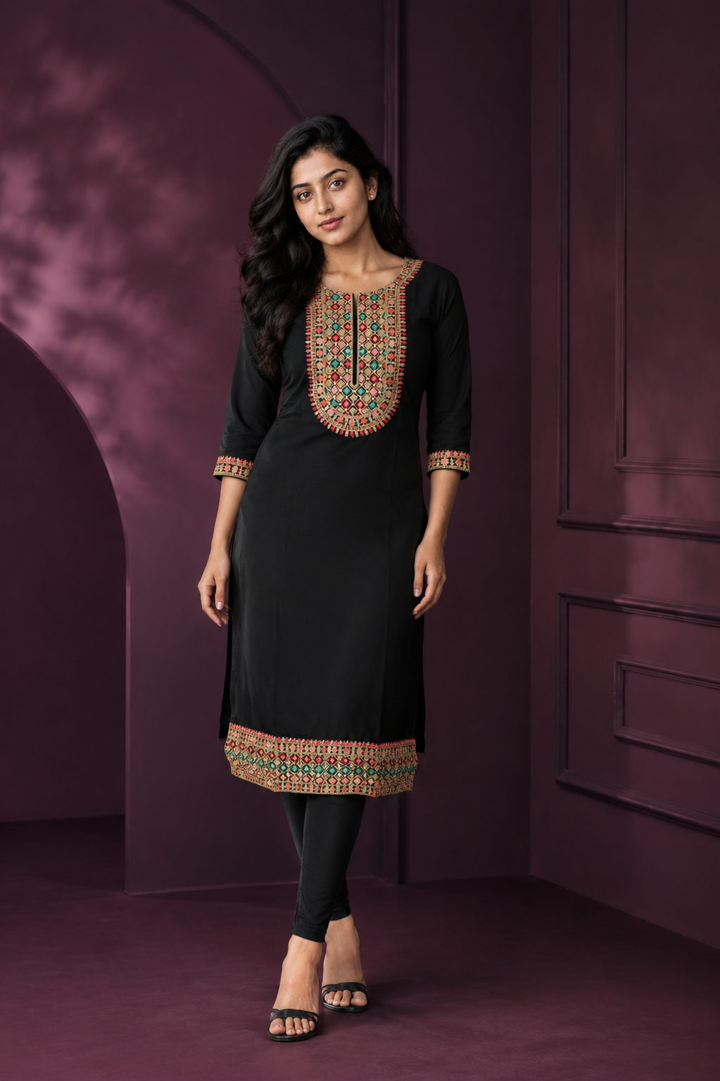 Elina Black, White Embroidery Work Kurti